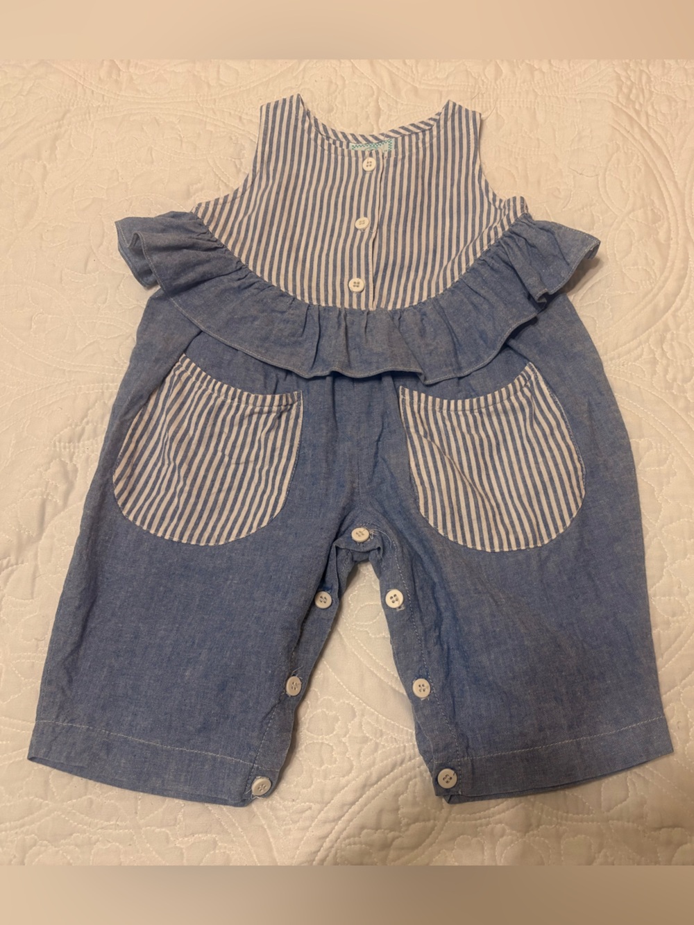 Vintage Cottontail Originals Blue Chambray Striped Ruffle Romper- Size 2T